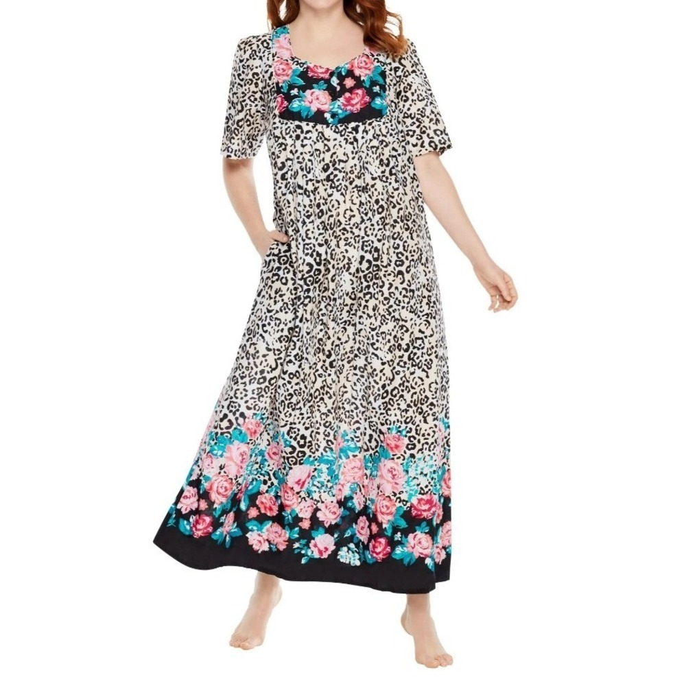 Only Necessities Leopard Floral Cotton Lounger Mumu Kaftan Maxi Dress Sz 14/16